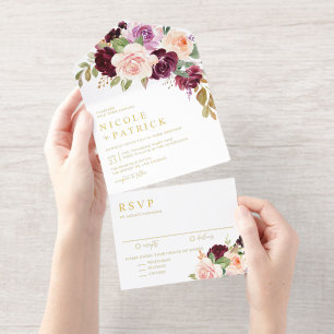 Tout En Un Invitation Aquarelle Bourgogne et Mariage de automne de fleur