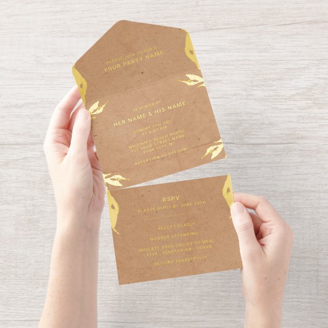 Tout En Un Invitation Aquarelle Feuille rustique Elégant Mariage Foil (Détachable)