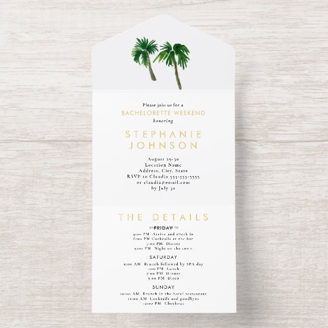 Tout En Un Invitation Aquarelle Palmiers tropicaux Bachelorette (Intérieur)