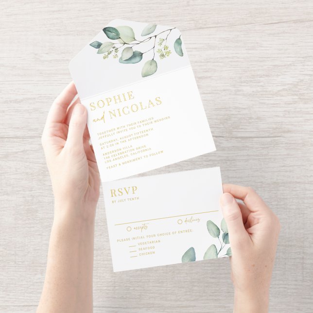 Tout En Un Invitation Aquarelle Sage Vert Eucalyptus Feuille Mariage (Détachable)