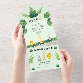 Tout En Un Invitation Baby shower de la jungle tropicale