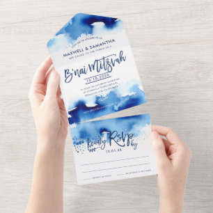 Tout En Un INvitation BAR MITZVAH lettrage main aquarelle ble
