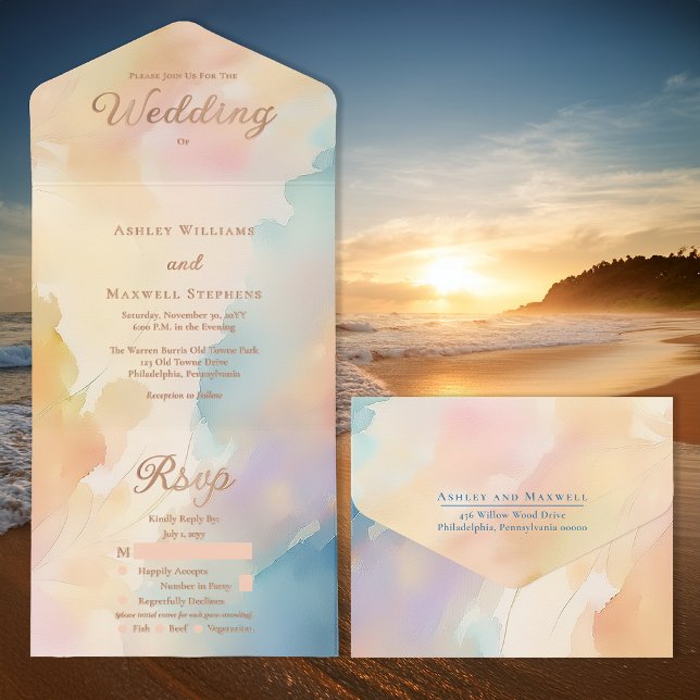 Tout En Un Invitation Beachy Sunset Gradient Rose Gold Foil Wedding (Beachy Sunset Gradient Wedding Rose Gold Foil All in One Invitation with Removeable Tearaway RSVP)