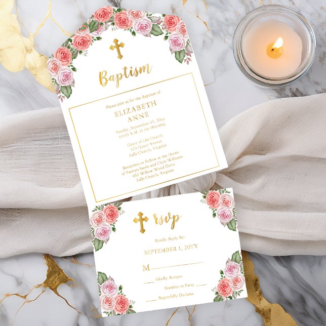 Tout En Un Invitation Beau rose floral Trinity Cross Girl Baptism (Beautiful Pink Floral Trinity Cross Girl Baptism All in One Invitation)