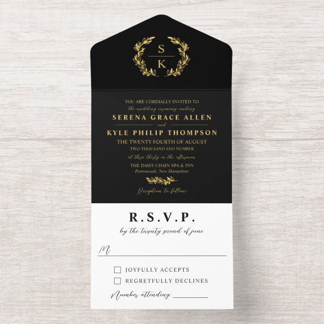 Tout En Un Invitation Black Gold Laurel Wreath Monogram Wedding (Intérieur)
