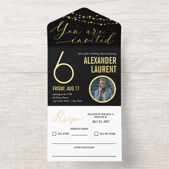 Tout En Un Invitation Black Gold String Lumières Photo Jalon Anniversair (Intérieur)