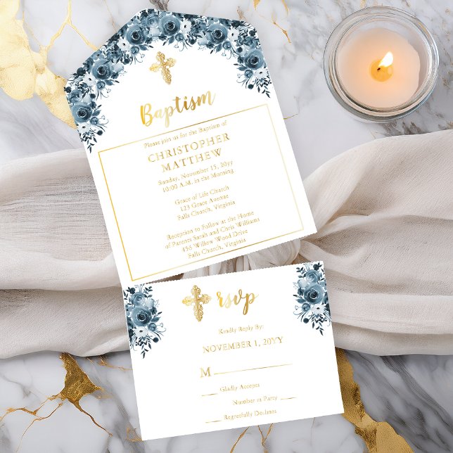 Tout En Un Invitation Blue Watercolor Floral Boy Baptism (Elegant Blue Watercolor Floral Boy Baptism All in One Gold Foil (Inside) Invitation)