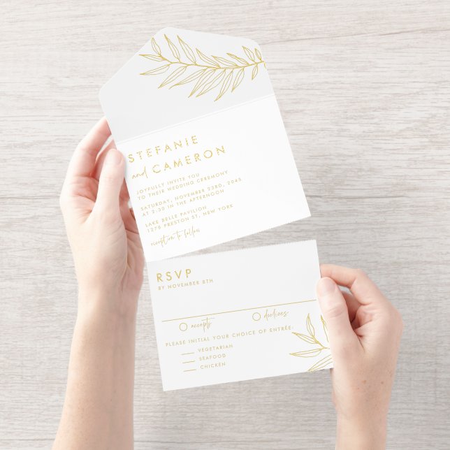 Tout En Un Invitation Boho Black Minimalist Foliage Wedding (Détachable)