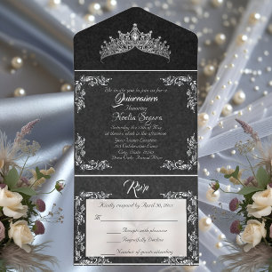 Tout En Un Invitation Cadre de Quinceañera Tiara et feuille de papier d'
