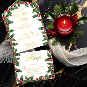 Tout En Un Invitation Cadre élégant de houx et de baies pour la fête de