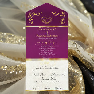 Tout En Un Invitation Cadre Orné de Feuille de Metal & Cœur - Prune