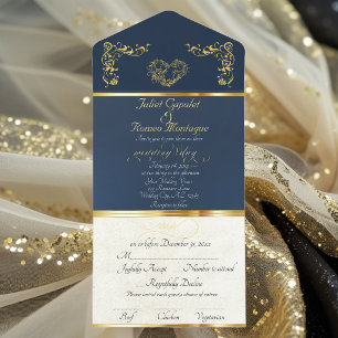 Tout En Un Invitation Cadre Orné de Feuille de Metal et Cœur - Bleu