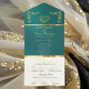 Tout En Un Invitation Cadre Orné de Feuille de Metal et Cœur - Turquoise