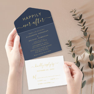 Tout En Un Invitation Chic Heureux Jamais Après Mariage Bleu