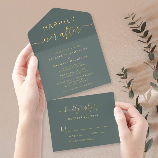 Tout En Un Invitation Chic Heureux Jamais Après Sage Mariage Vert (Créateur téléchargé)
