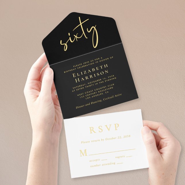 Tout En Un Invitation Chic Script Black 60th Birthday Party (Créateur téléchargé)
