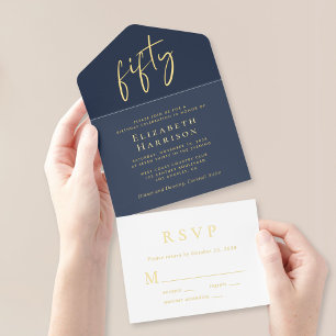 Tout En Un Invitation Chic Script Blue 50th Birthday Party