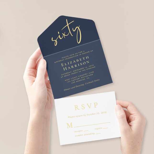 Tout En Un Invitation Chic Script Blue 60e fête d'anniversaire (Créateur téléchargé)