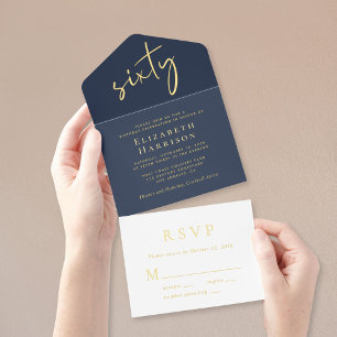 Tout En Un Invitation Chic Script Blue 60e fête d'anniversaire
