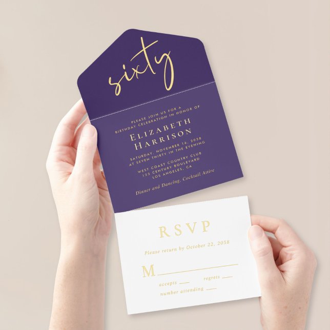 Tout En Un Invitation Chic Script Purple 60e fête d'anniversaire (Créateur téléchargé)
