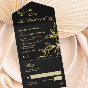 Tout En Un Invitation Classic élégant feuille or noir mariage RSVP