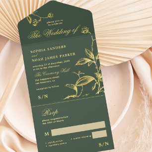 Tout En Un Invitation Classic élégant feuille or noir vert foncé mariage