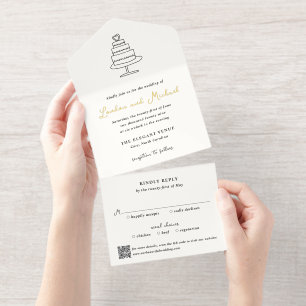 Tout En Un Invitation Code QR gâteau dessiné à la main Mariage Moderne