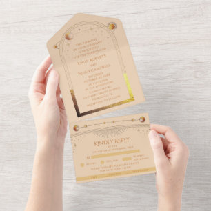 Tout En Un Invitation de mariage Champagne Or Céleste Soleil 