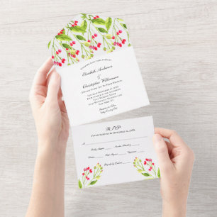 Tout En Un Invitation de mariage floral rose rouge tout-en-un