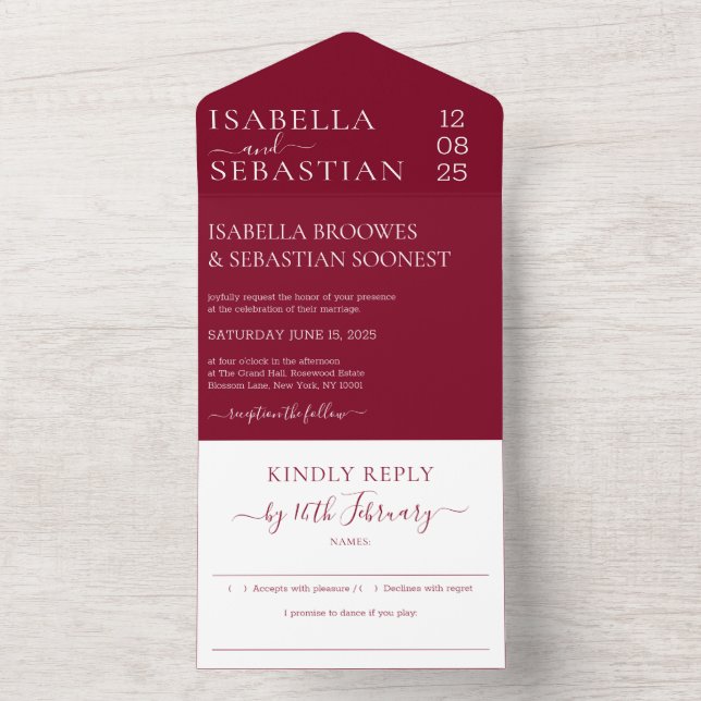 Tout En Un Invitation de mariage formelle bordeaux, réponse a (À l'intérieur)