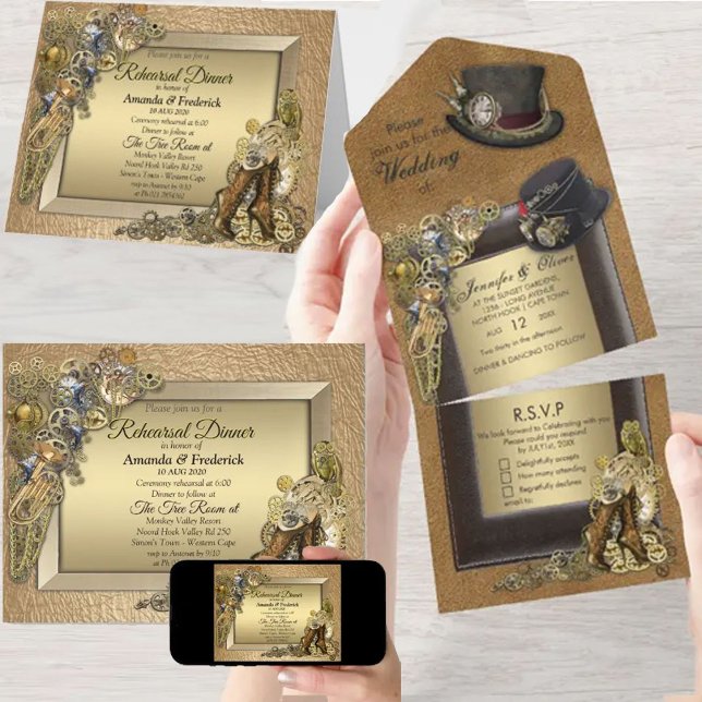 Tout En Un Invitation de mariage Steampunk et cuir doré tout- (Steampunk & gold Leather invitations)