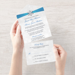 Tout En Un Invitation Diamante Snowflake & Blue Ribbon Mariage d'hiver