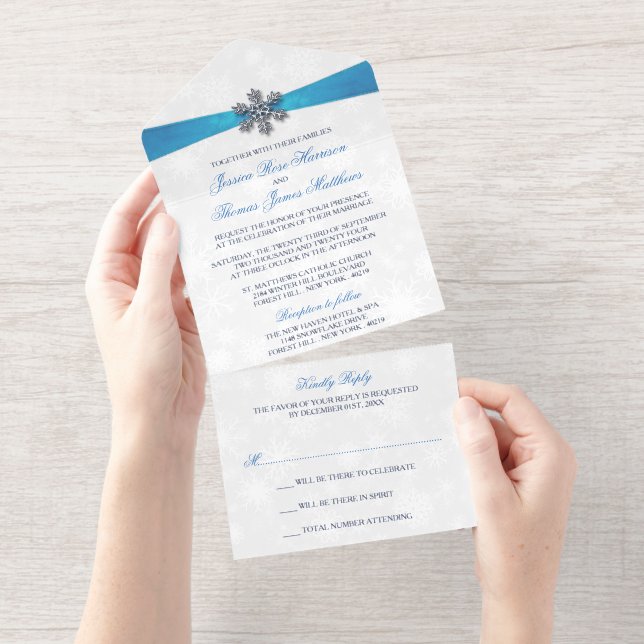 Tout En Un Invitation Diamante Snowflake & Blue Ribbon Mariage d'hiver (Détachable)