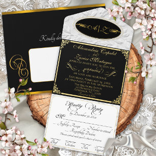 Tout En Un Invitation Écriture élégante, monogramme et cadre - Noir/or