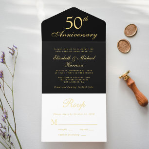 Tout En Un Invitation Élégant Black Gold 50e anniversaire Mariage