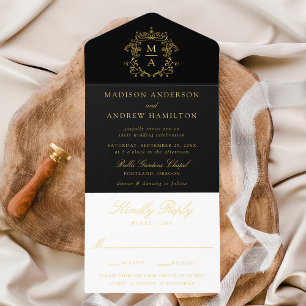 Tout En Un Invitation Elégant Black Gold Foil Crest Chinoiserie Mariage