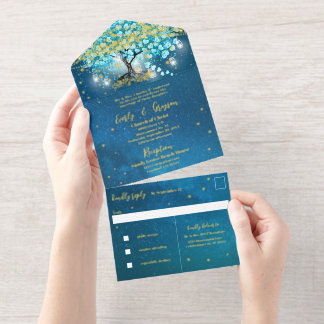 Tout En Un Invitation Elégant bleu Aqua Turquoise Coeur feuille arbre Ma