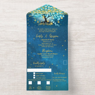 Tout En Un Invitation Elégant bleu Aqua Turquoise Mariage de feuilles de