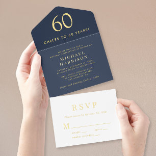 Tout En Un Invitation Elégant Blue 60e fête d'anniversaire