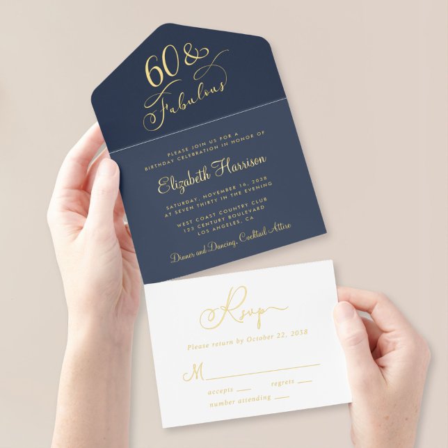 Tout En Un Invitation Elégant Blue 60e fête d'anniversaire (Créateur téléchargé)