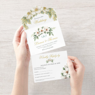 Tout En Un Invitation Elégant cadre de pin Mariage Magnolia blanc