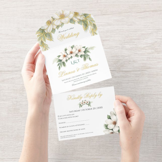 Tout En Un Invitation Elégant cadre de pin Mariage Magnolia blanc (Détachable)