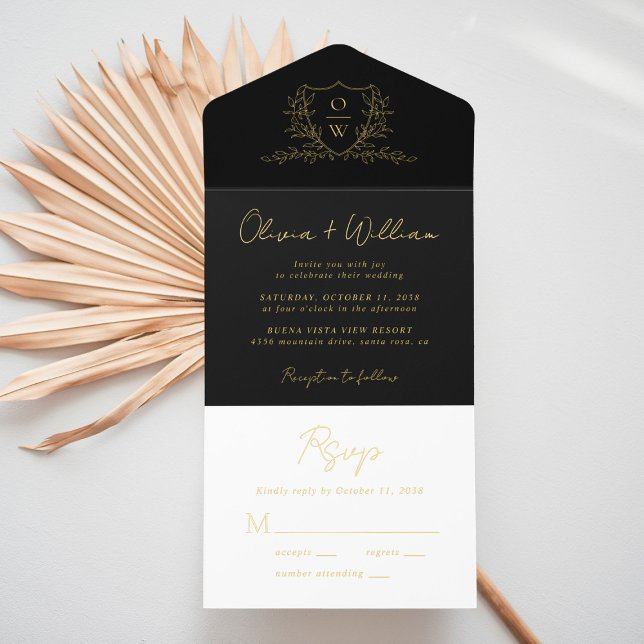 Tout En Un Invitation Élégant Cimier Monogramme Script Mariage noir (Créateur téléchargé)