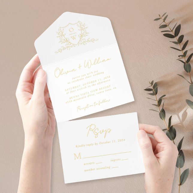 Tout En Un Invitation Elegant Crest Monogram Script Wedding (Créateur téléchargé)