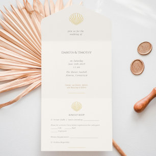 Tout En Un Invitation Élégant mariage coquillage feuille d'or 