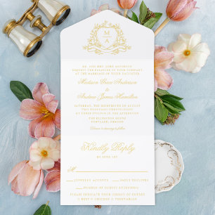Tout En Un Invitation Élégant Mariage de monogramme à huile d'or Floral 