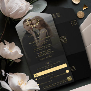 Tout En Un Invitation Élégant Monogramme Wreath Mariage Photo Real Foil