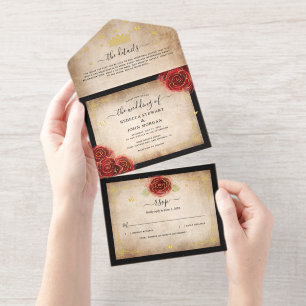 Tout En Un Invitation Élégant Parchemin Rose Rouge Mariage Feuille d'Or