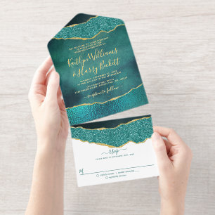 Tout En Un Invitation Élégant Turquoise Géode Agate Mariage Real Foil