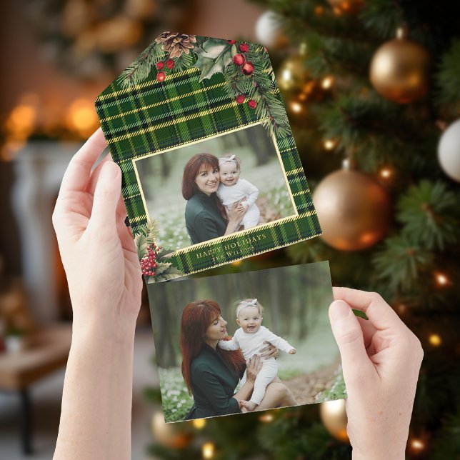 Tout En Un Invitation Élégant Vert/Or Pile Plaid Holly Photo (Créateur téléchargé)